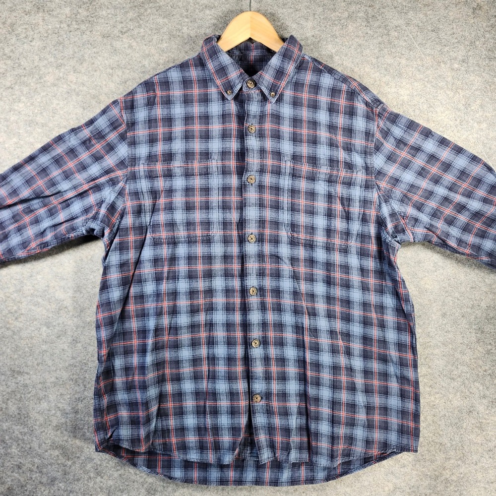 Duluth Trading Men Blue Red Plaid Flannel Relaxed Shirt L Hipster Gorpcore Faded